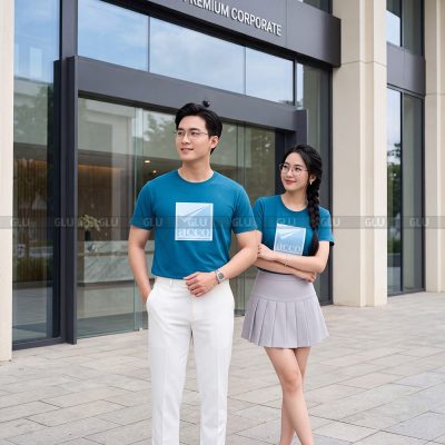 Đồng phục áo thun cổ tròn may sẵn cao cấp màu xanh CT02019 3