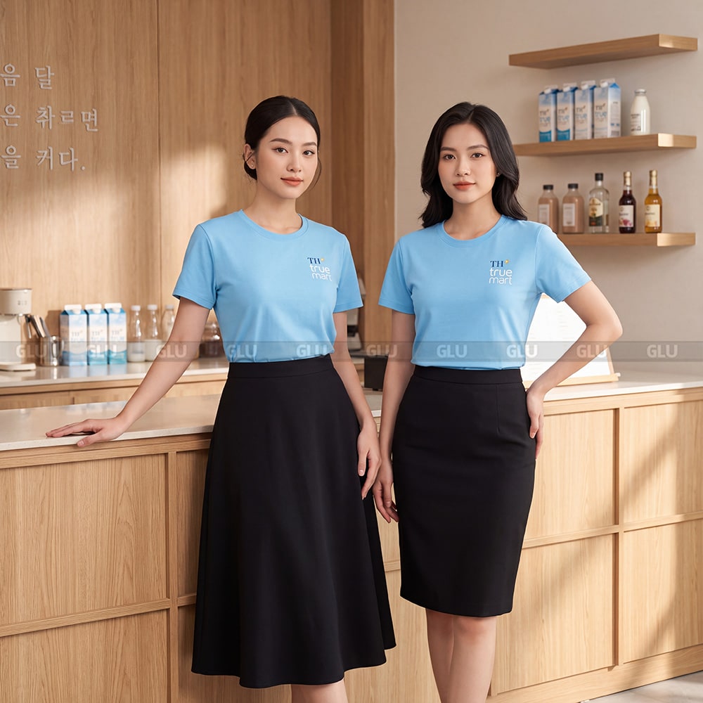 Đồng phục áo thun cổ tròn may sẵn giá rẻ màu xanh dương 4