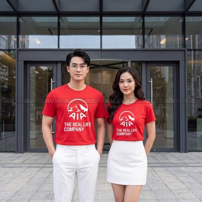 Đồng phục áo thun cổ tròn may sẵn màu đỏ form unisex 2