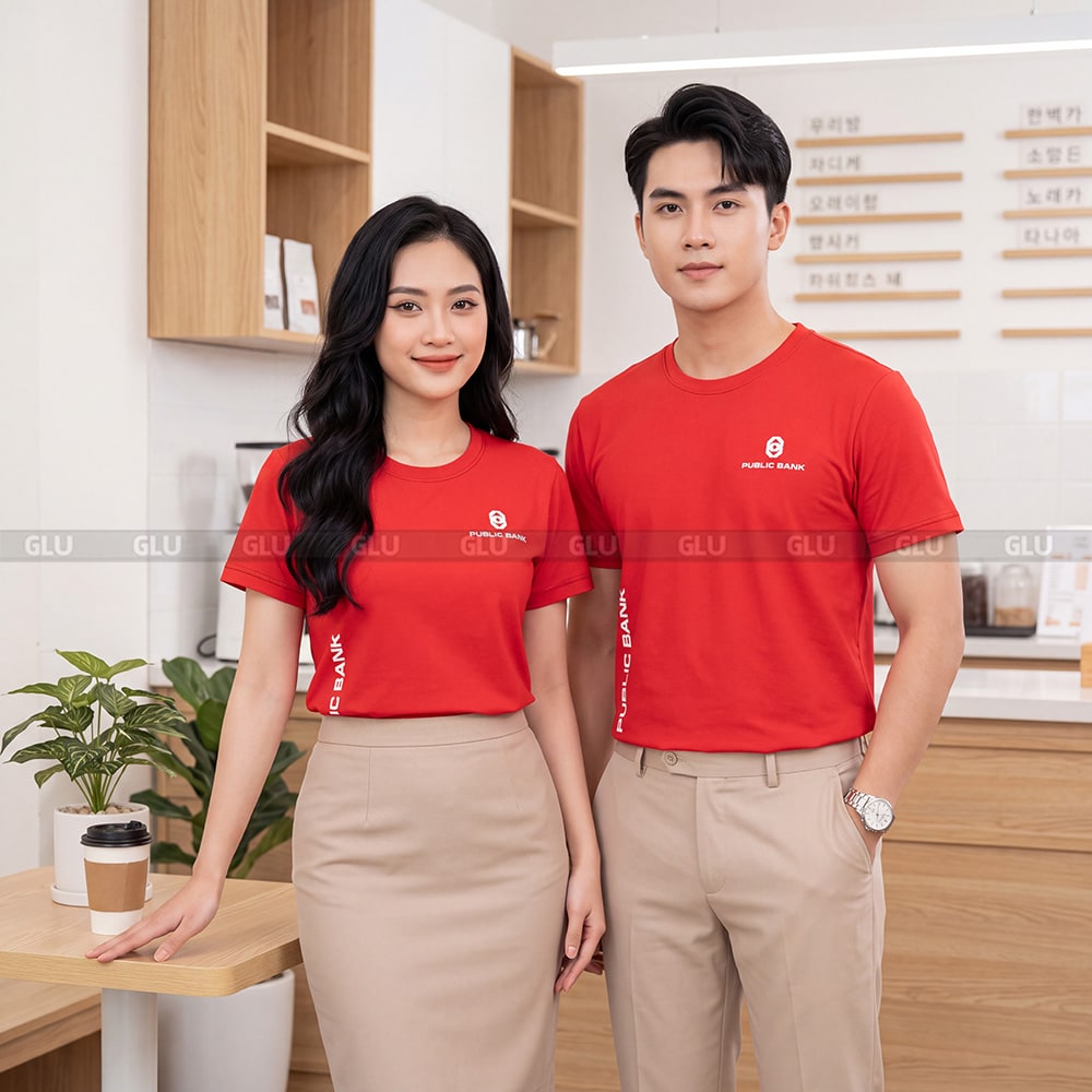 Đồng phục áo thun cổ tròn may sẵn màu đỏ tươi sang trọng 1