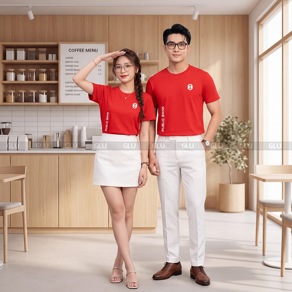 Đồng phục áo thun cổ tròn may sẵn màu đỏ tươi sang trọng 2