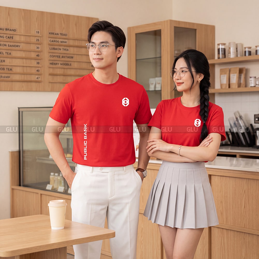 Đồng phục áo thun cổ tròn may sẵn màu đỏ tươi sang trọng 4