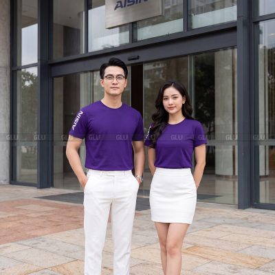 Đồng phục áo thun cổ tròn may sẵn màu tím số lượng lớn 2