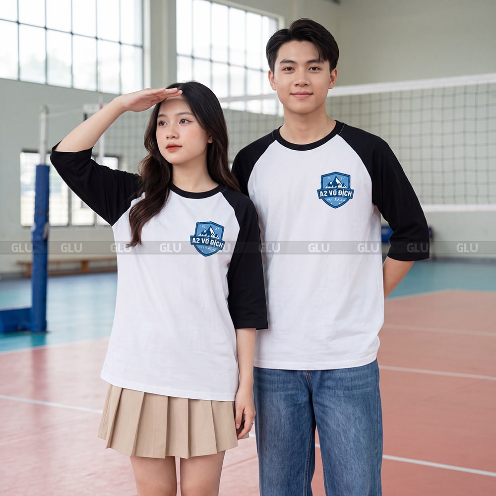 Đồng phục lớp cổ tròn cao cấp màu trắng phối đen 9