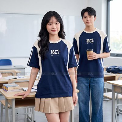 Mẫu áo đồng phục lớp đẹp màu xanh navy phối trắng 7